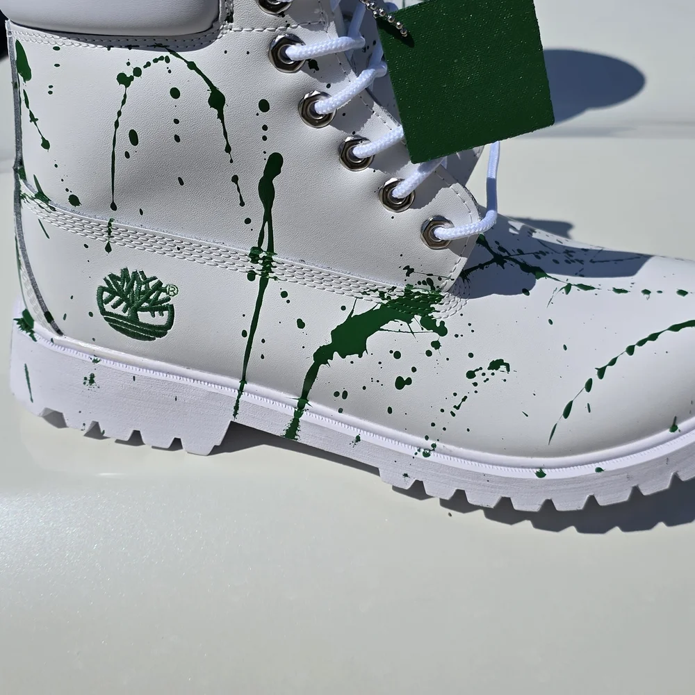 Mens New Limited Custom Timberland White and Green Splatter Boots